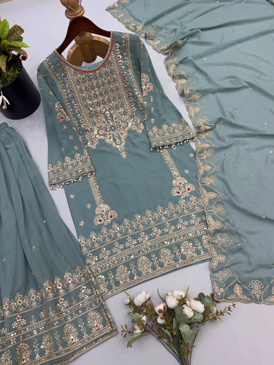 Sage Green Sequins Sharara Suit flat or detail shot 7 – Kalyanja KU305